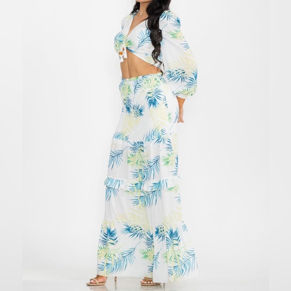 Tropical Print Piece Wrap Top Maxi Skirt with Rope Detail
